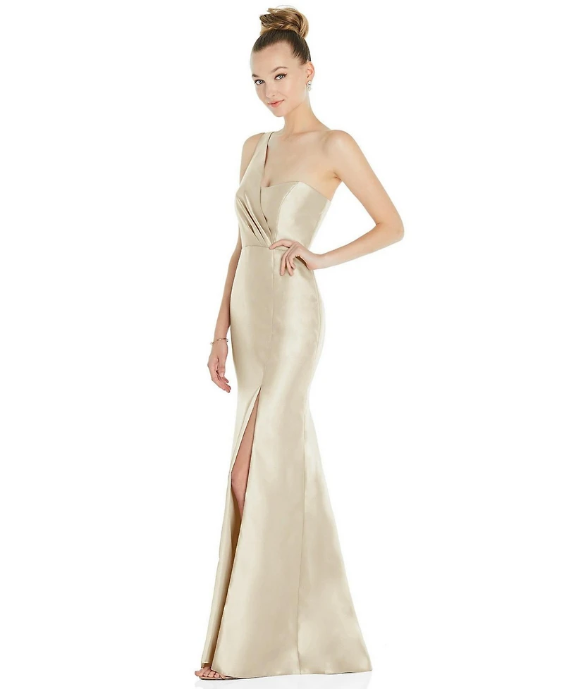 Draped One-Shoulder Satin Trumpet Gown with Front Slit