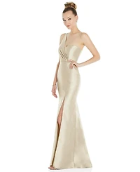 Draped One-Shoulder Satin Trumpet Gown with Front Slit