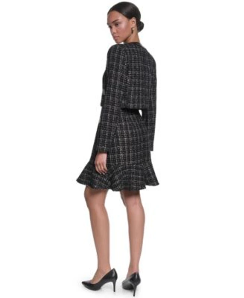 Karl Lagerfeld Paris Womens Mixed Media Sleeveless Sheath Dress Metallic Tweed Jacket With Faux Leather Trim