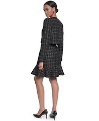 Karl Lagerfeld Paris Womens Mixed Media Sleeveless Sheath Dress Metallic Tweed Jacket With Faux Leather Trim
