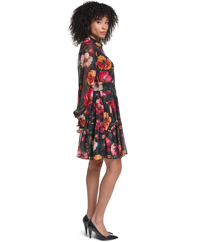 Karl Lagerfeld Paris Women's Printed Grid Chiffon Shirtdress