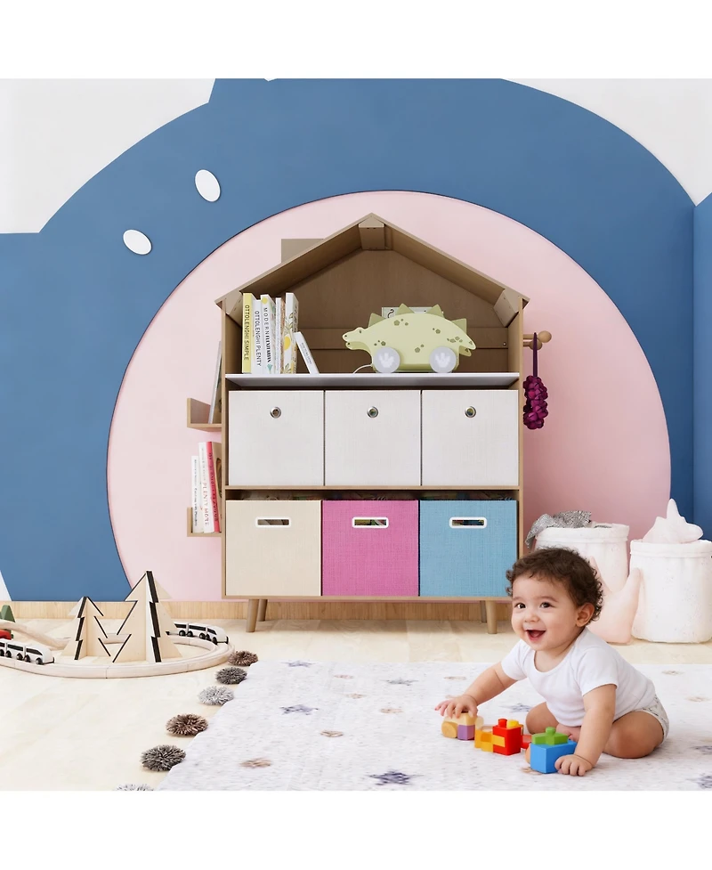 Mega Casa House-Style Kids Storage Cabinet, Multi-Bin Toy Organizer and Book Display Bookcase for Playrooms & Bedrooms