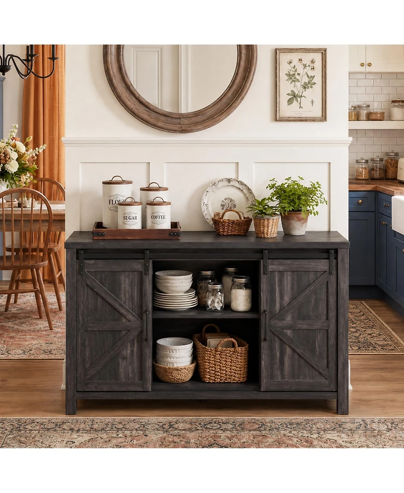 homfan Farmhouse Sliding Barn Door Tv Stand, Rustic Media Console with Adjustable Shelves, Storage Cabinet for Living Room