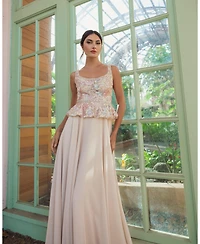 Mac Duggal Petite Embroidered Peplum Top With Chiffon Skirt Gown