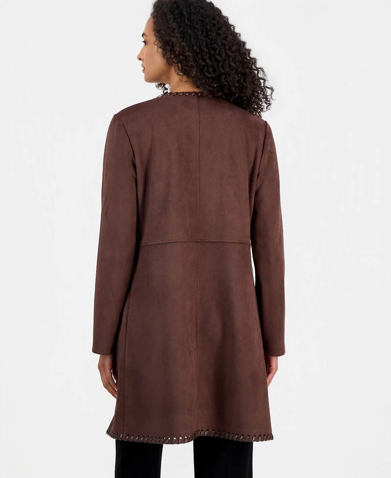 T Tahari Women's Open-Front Faux-Leather Whipstitch Cardigan