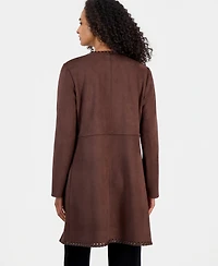 T Tahari Women's Open-Front Faux-Leather Whipstitch Cardigan