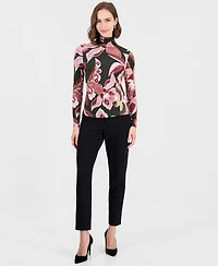 T Tahari Women's Floral Mock-Neck Back-Zip Blouse