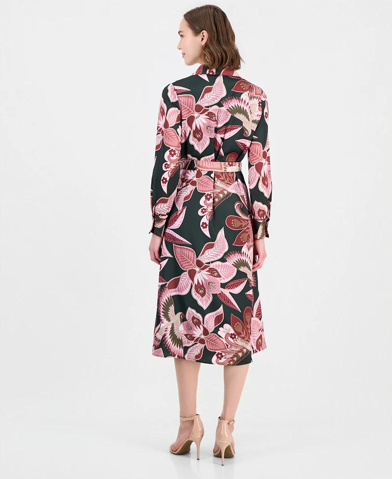 T Tahari Women's Floral Long-Sleeve Fit-and-Flare Midi Dress