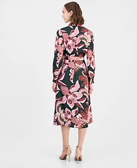 T Tahari Women's Floral Long-Sleeve Fit-and-Flare Midi Dress