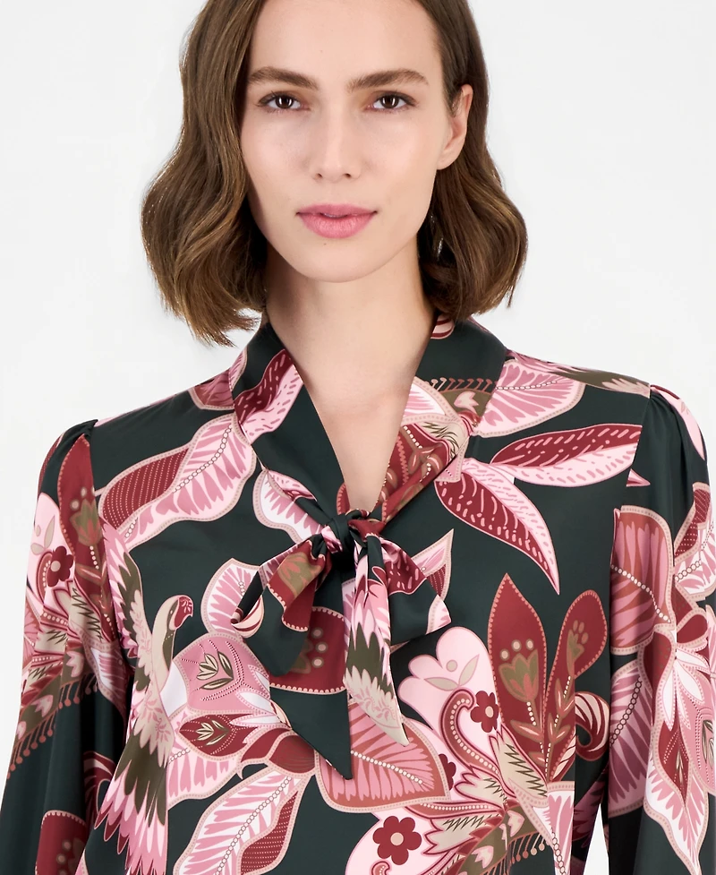 T Tahari Women's Long-Sleeve V-Neck Bow Tie Floral-Print Blouse