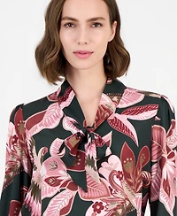 T Tahari Women's Long-Sleeve V-Neck Bow Tie Floral-Print Blouse