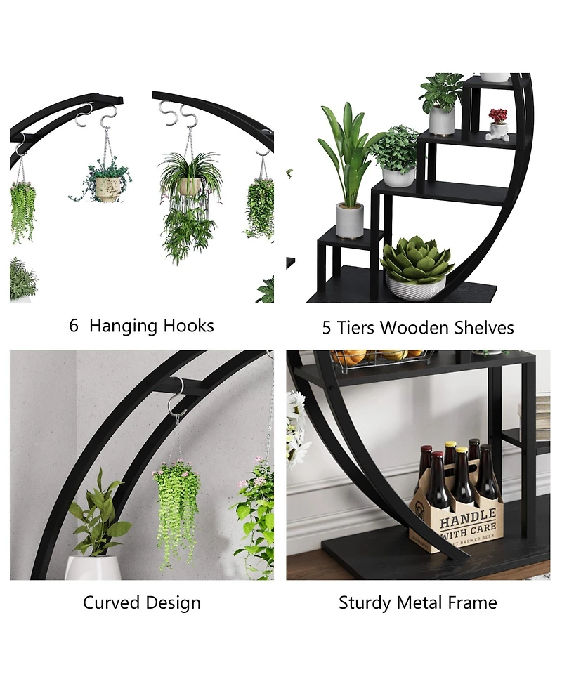 homfan 44"H Round Plant Stand with Steel Frame and Engineered Wood Shelves, Tiered Flower Shelf for Patio Garden Living Room