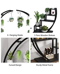 homfan 44"H Round Plant Stand with Steel Frame and Engineered Wood Shelves, Tiered Flower Shelf for Patio Garden Living Room