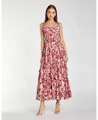 Mac Duggal Women's Petite Floral Cotton Ruffle Square Neck Ankle Dress
