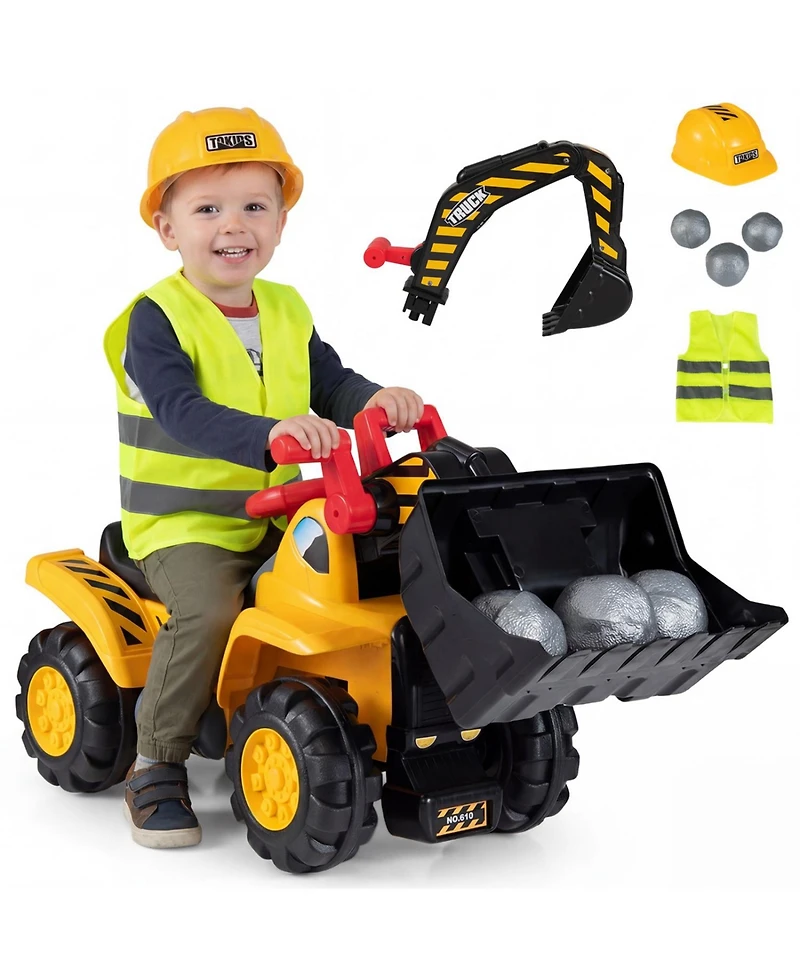 Slickblue 3-in-1 Ride On Toy Excavator with Engine Sounds and Safety Helmet