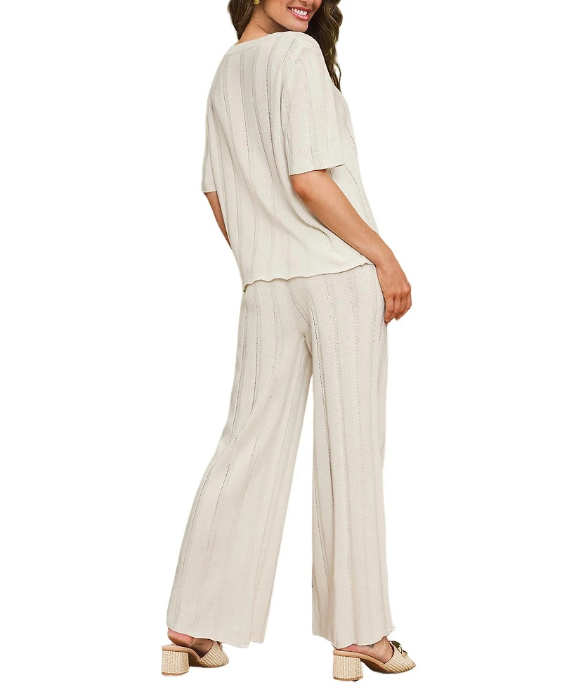 Cupshe Women's Ribbed Knit Short Sleeve Top and Wide Leg Pants Matching Set