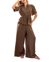 Cupshe Women's Drawstring Waist Button-Down Top and Wide Leg Pants Matching Set