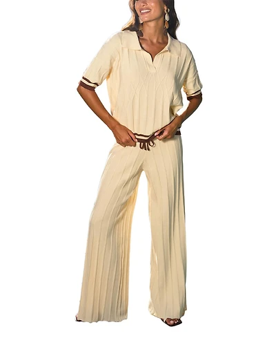 Cupshe Women's Cream Ribbed Knit Polo Top and Wide Leg Pants Matching Set