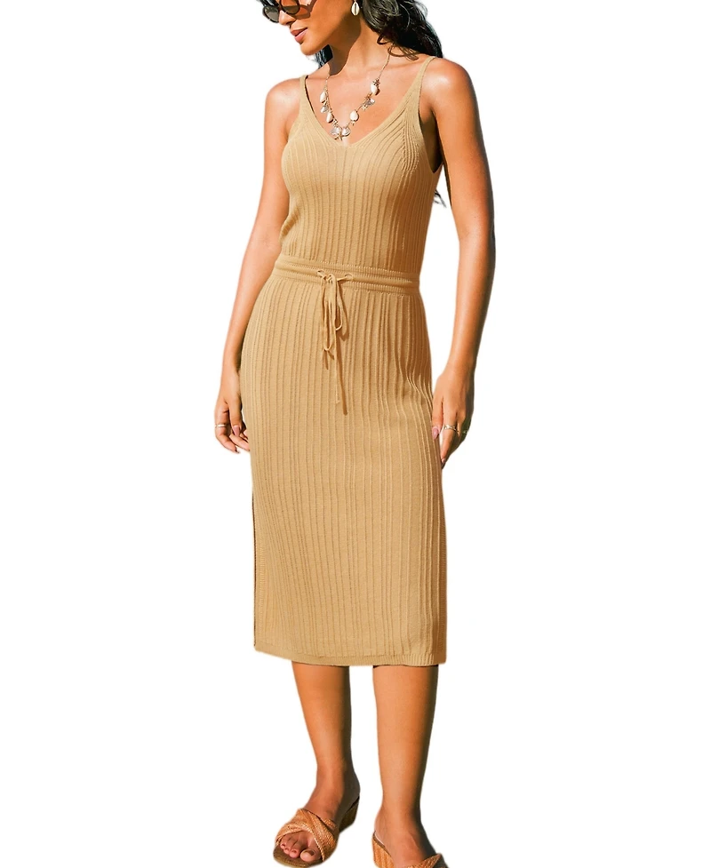 Cupshe Women's Caramel Ribbed Knit Drawstring Waist Midi Dress