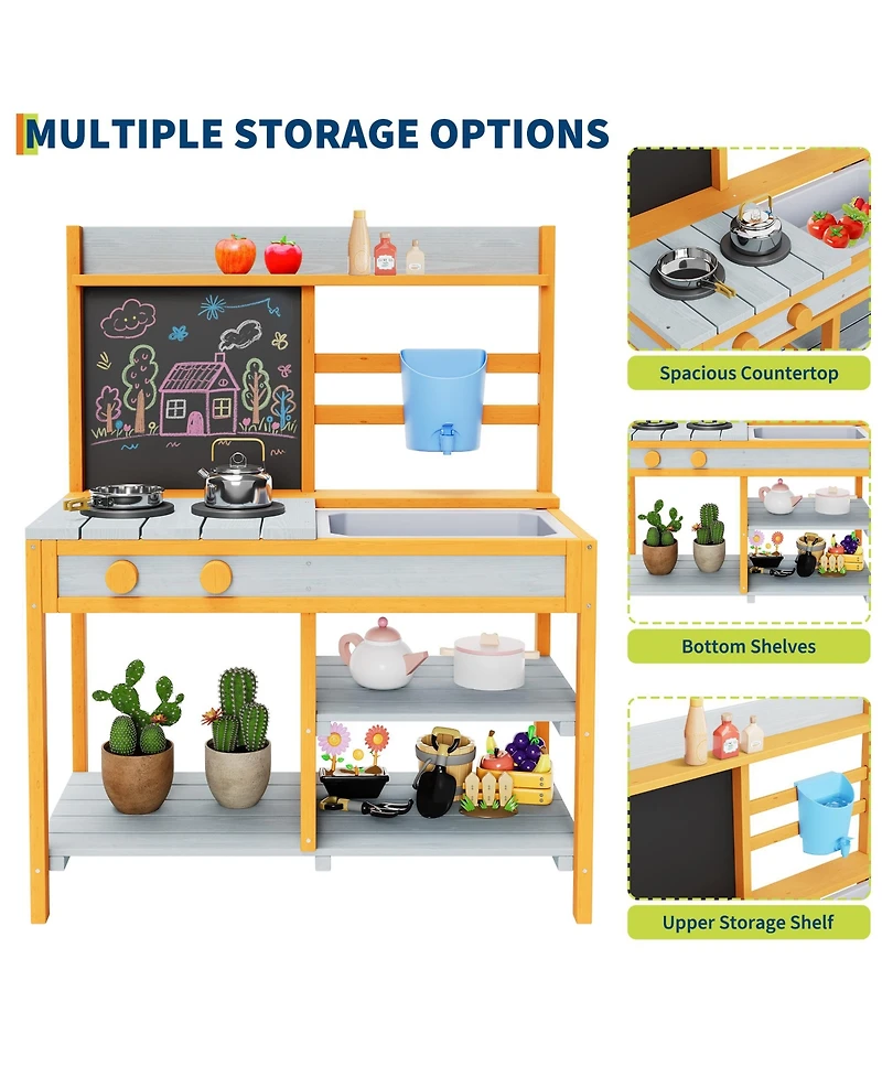 homfan 28.7 x 16.1 x 36.2 Inch Outdoor Kids Play Kitchen, Fir Wood Pretend Cooking Toy Set for Backyard Garden, Ages 3-8