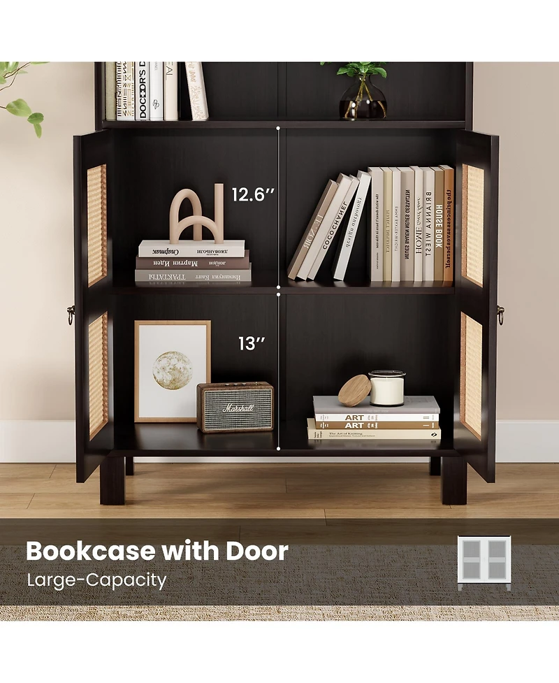 Flynama Tall 5-Tier Bookshelf with Rattan Closed Doors Large-Capacity Wooden Home Library Storage Bookcase