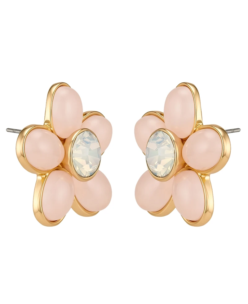 Guess Gold-Tone Rose Quartz & White Opal Stone Floral Stud Earrings