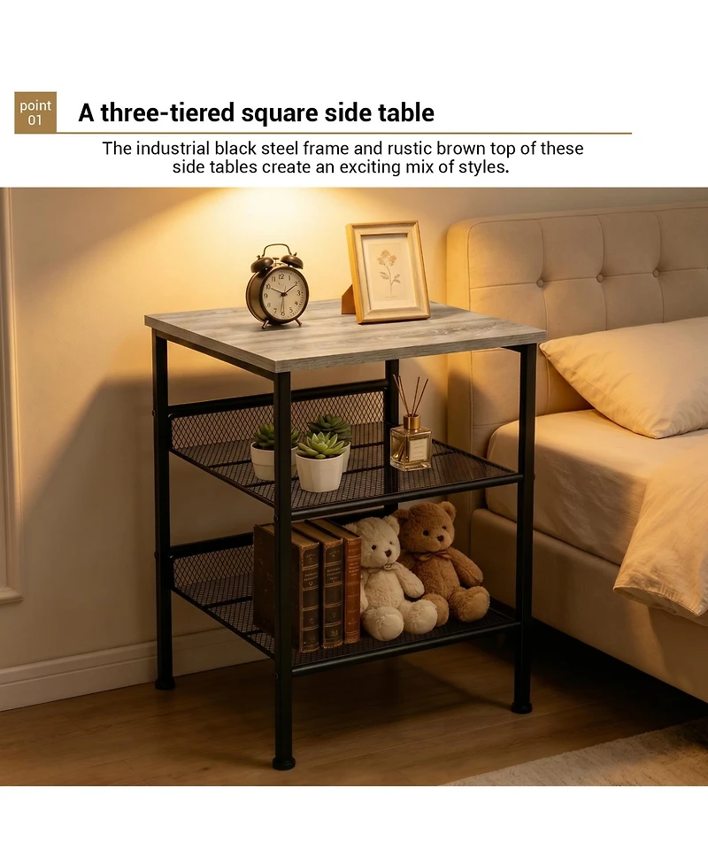 homfan 2-Piece 3-Tier Square End Table Set, Industrial Side Tables with Mesh Shelves and Metal Frame