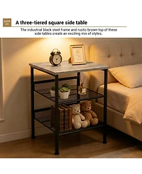 homfan 2-Piece 3-Tier Square End Table Set, Industrial Side Tables with Mesh Shelves and Metal Frame