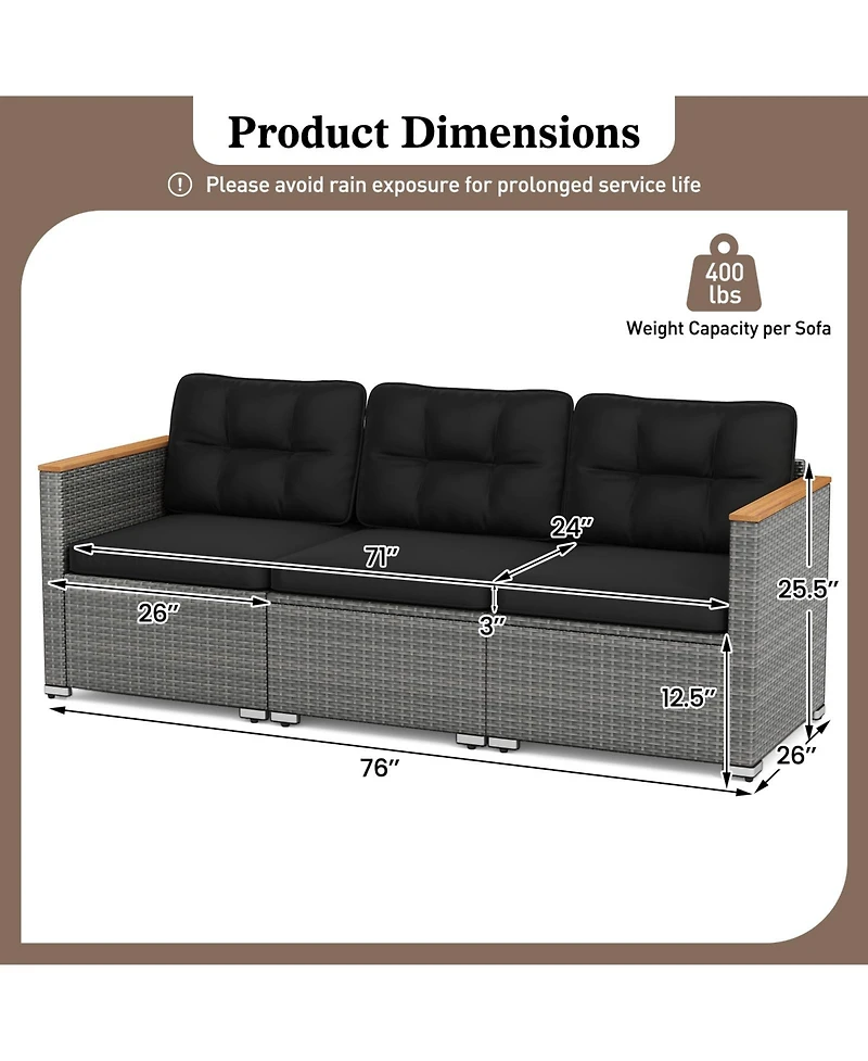 Slickblue Outdoor 3-Seat Rattan Sofa Couch Set with Cushions for Patio Seating