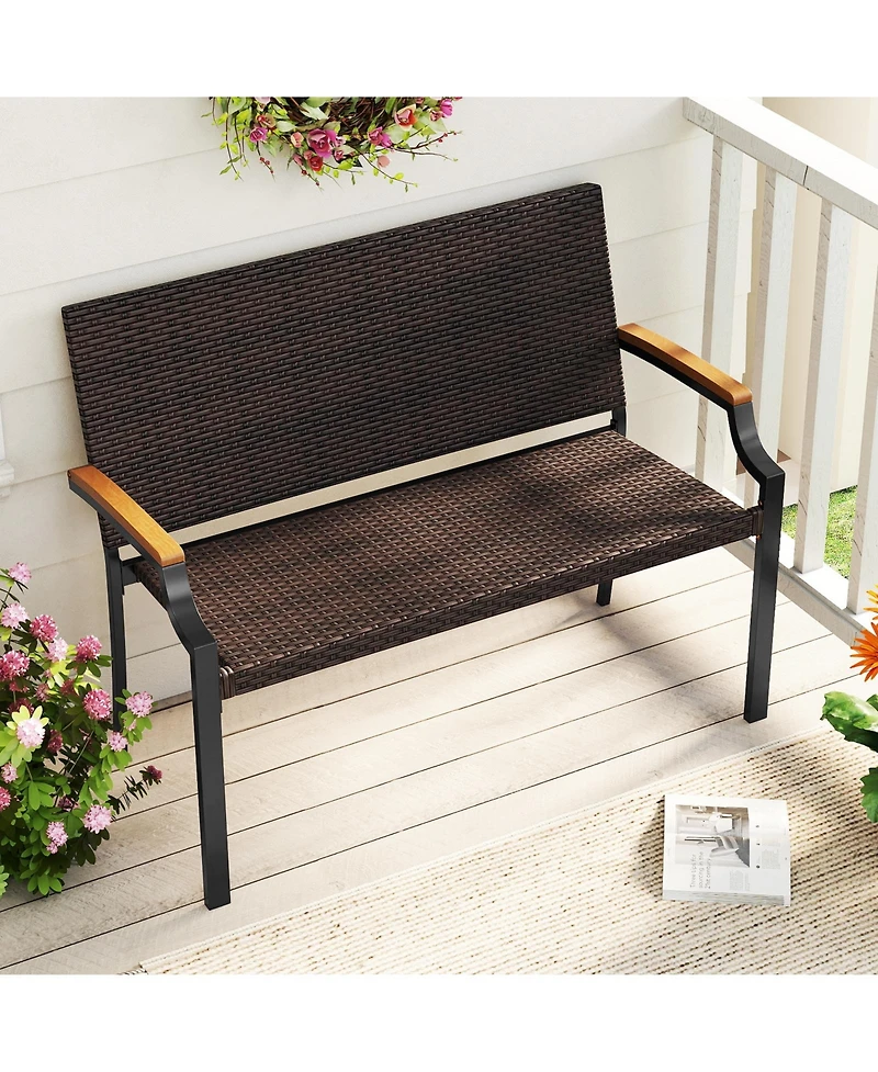 Slickblue Outdoor Two-Seater Loveseat Chair with Metal Frame and Wood Armrest Design