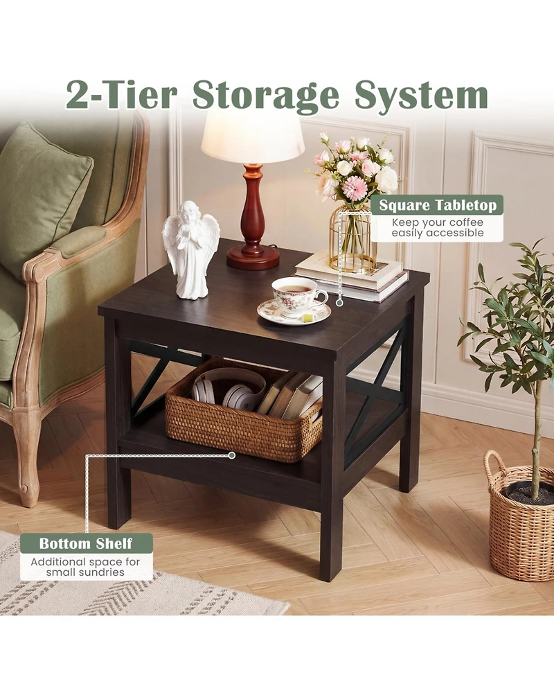 Slickblue 2-Tier Square Side Table with Storage Shelf and X-Frame Design