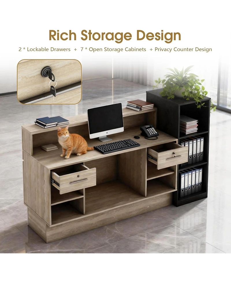 Logicfox Front Desk Reception Counter with 2 Locking Drawers Open Shelving