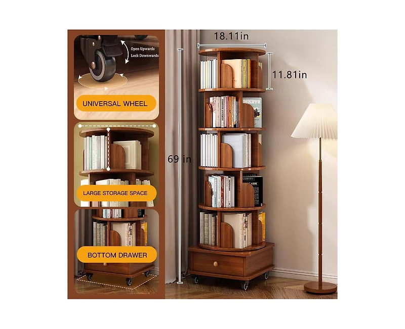 flynama 360 Degree Rotating 6-Tier Corner Bookshelf with Wheels