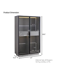 flynama 60.6 Inch Freestanding Glass Door Display Cabinet Led Light Adjustable Shelves Home Storage Cabinet