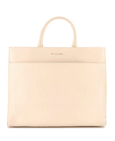 Pre-Owned Bvlgari Medium Logo Convertible Tote Embroidered Leather