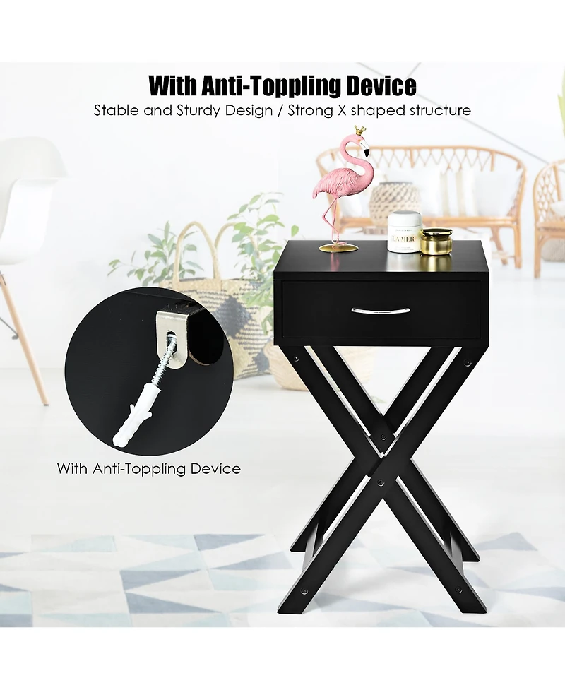 Costway Nightstand x-Shape Drawer Accent Side End Table Modern Home Furniture