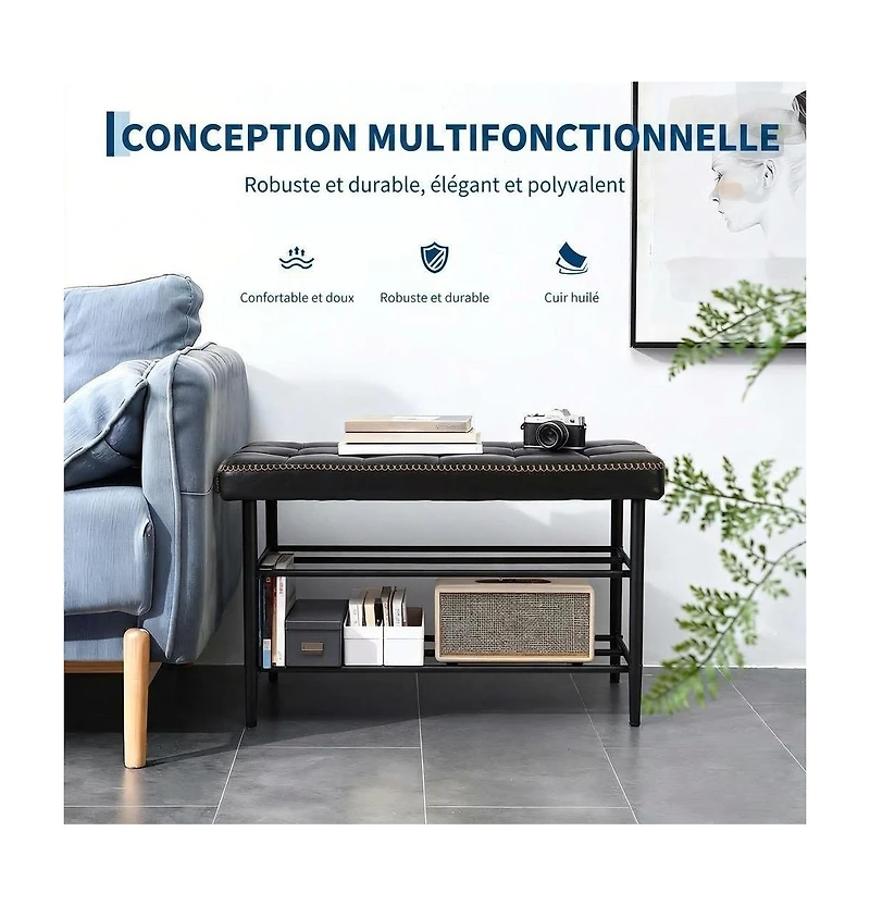 homfan Oil-Wax Leather Shoe Storage Bench, 3-Tier Shelf Sturdy Steel Frame Comfort Accent Bench for Entryway Bedroom