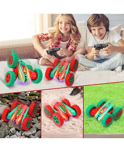 homfan 10.2 x 6.7 x 5.9 in Remote Control Stunt Car Christmas Edition Rc Vehicle with 4 Batteries 360 Spinning Toy for Outdoor Adventure Play