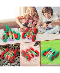 homfan 10.2 x 6.7 x 5.9 in Remote Control Stunt Car Christmas Edition Rc Vehicle with 4 Batteries 360 Spinning Toy for Outdoor Adventure Play