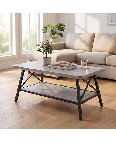 gaomon Rectangle Coffee Table for Living Room with Round Corners, Industrial Rectangle Small Coffee Table with 2-Tier Storage Shelf, Easy Assembly