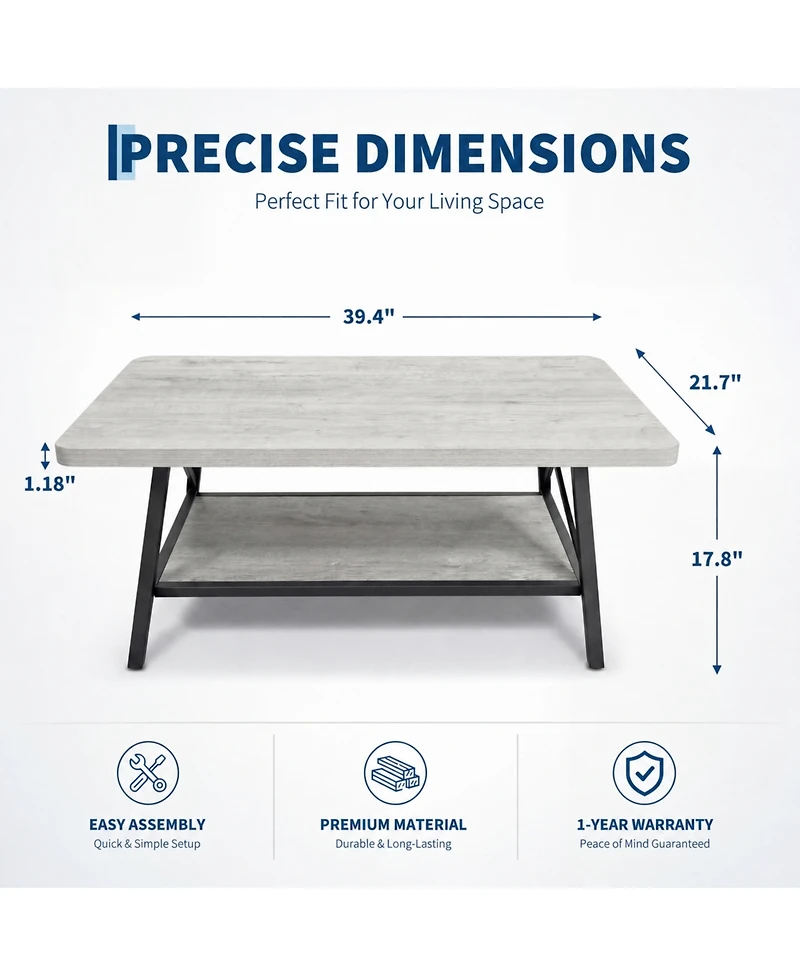 gaomon Rectangle Coffee Table for Living Room with Round Corners, Industrial Rectangle Small Coffee Table with 2-Tier Storage Shelf, Easy Assembly