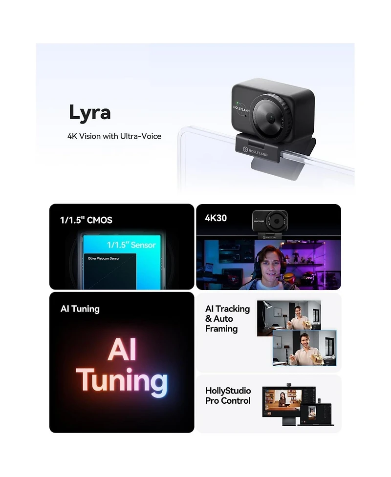 Hollyland Lyra Uhd 4K Webcam for Pc with Pdfa and Auto Framing for Live Streaming, Zoom, Teams