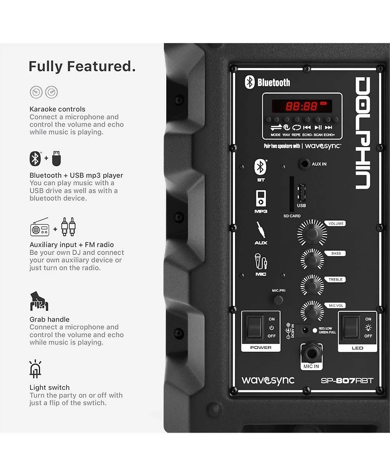 Dolphin Bluetooth Karaoke Party Speaker System with Dynamic Spin Led Lights and Microphone