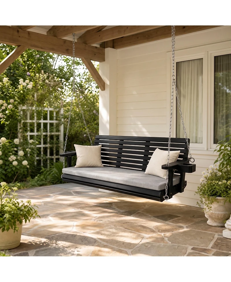 5.5 Ft Extended 3-Seater Wooden Porch Swing with Seat Cushion, Cup Holders, Hanging Chains and 7mm Springs, Heavy Duty 880 Lbs (Dark Brown)