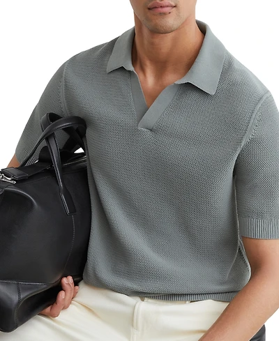 Reiss Men's Leon Cotton-Blend Basket-Stitch Open-Collar Polo Shirt