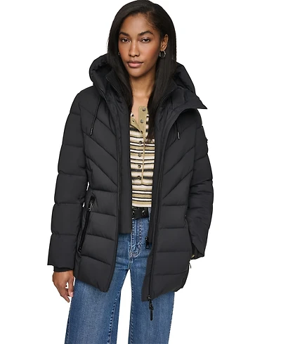Dkny Women's Bibbed Knit Collar Puffer Coat