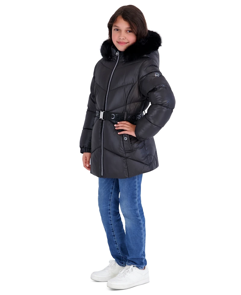 Michael Kors Girls' 5-16 Mk Logo Belted Stadium Length Long-Sleeve Jacket