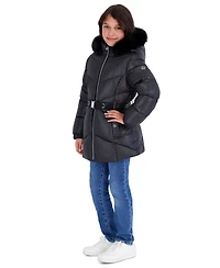 Michael Kors Girls' 5-16 Mk Logo Belted Stadium Length Long-Sleeve Jacket