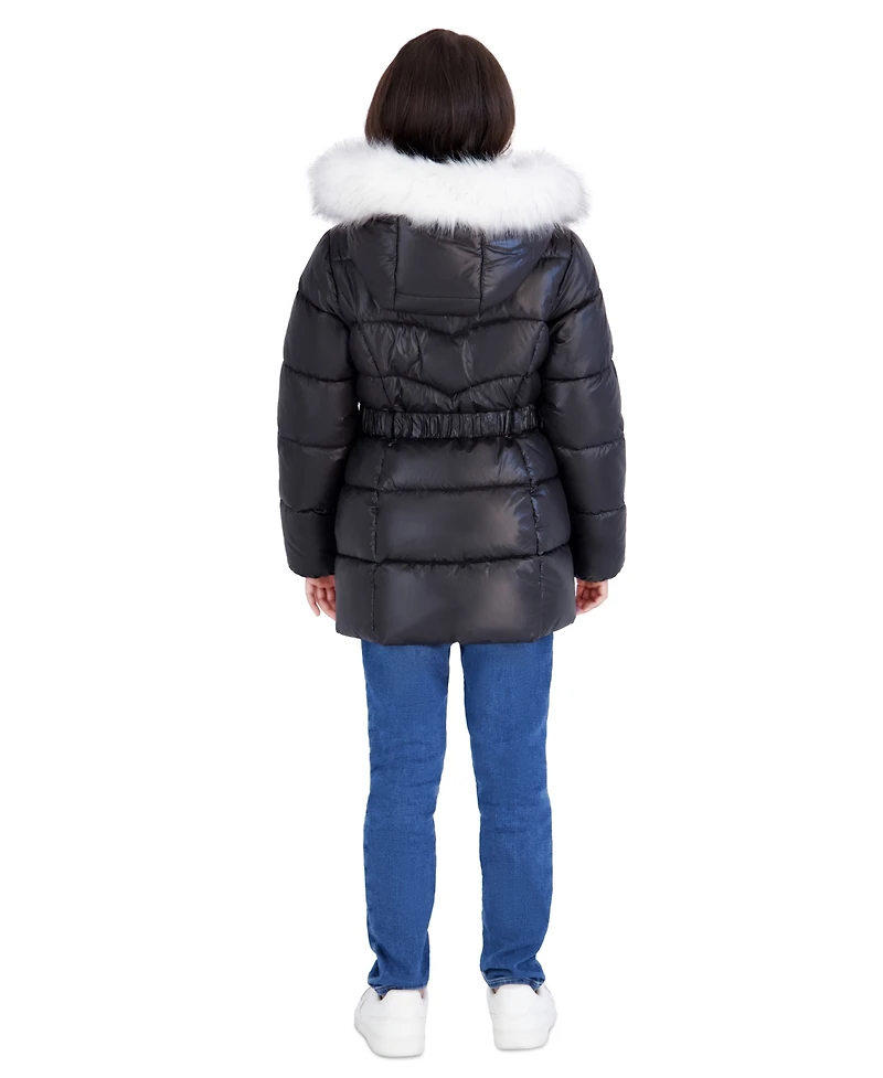 Michael Kors Girls' 5-16 Belted Stadium Length Mk Logo Long-Sleeve Jacket