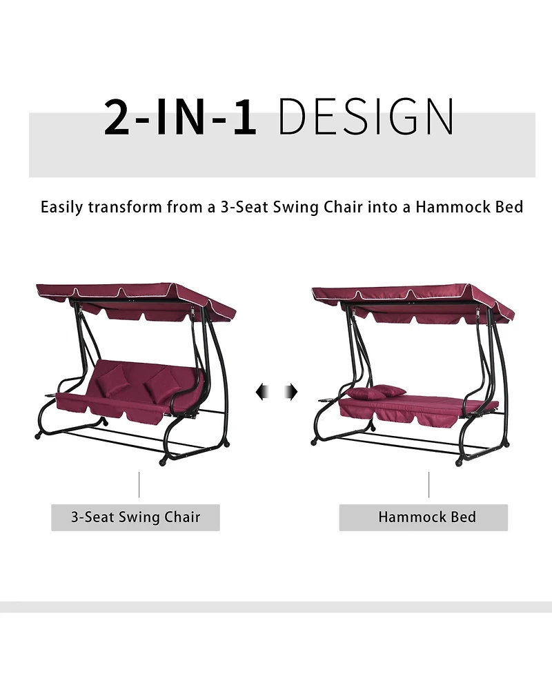 Outsunny 3 Seat Outdoor Free Standing Swing Bench Porch Swing with Stand, Comfortable Cushioned Fabric & Included Canopy, Red